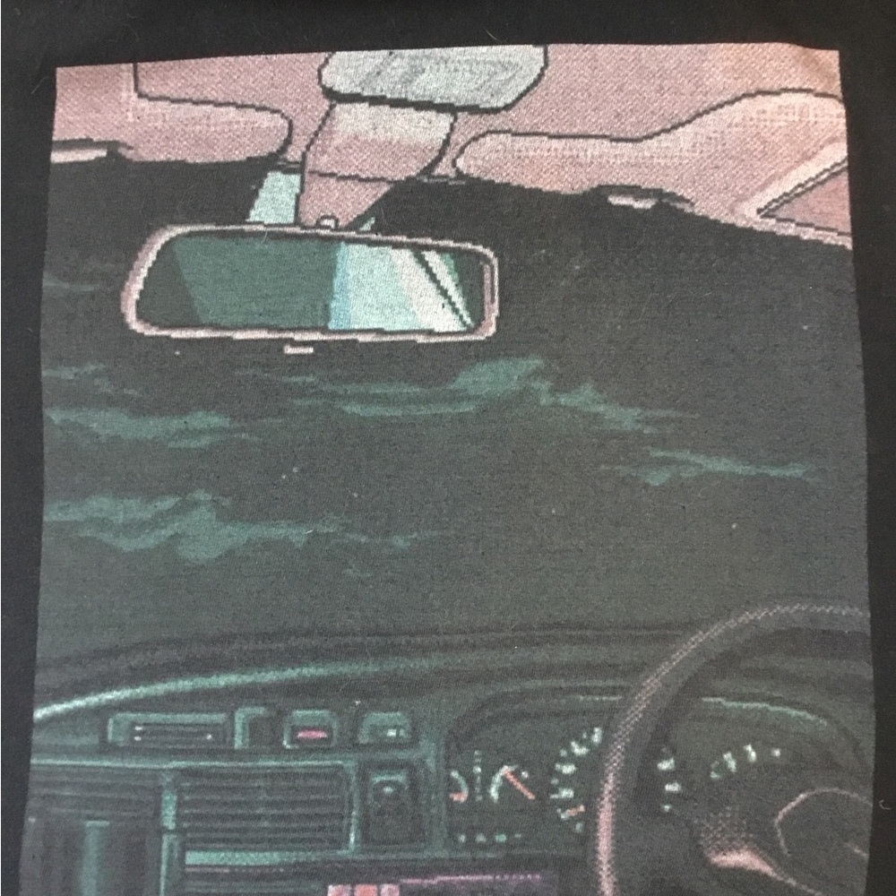 Graphic Car Interior Tee in Black with Teal & Pink Print Pixel art